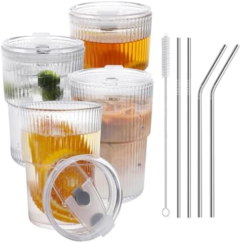 16 OZ Iced Coffee Cups with Lids and Straws Set of 4, Unbreakable Plastic Drinking Glasses Reusable Iced Coffee Glass to Go Cup for Iced Tea,Juice, Water,BPA Free, Dishwasher Safe