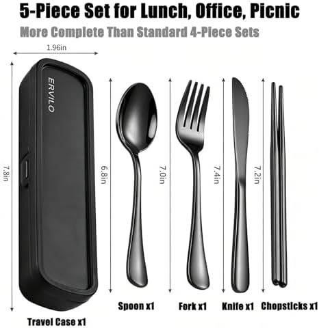 Travel Utensils with Case, Stainless Steel Portable Cutlery Set for Camping Picnic, Lunch Box Silverware for Work, Reinforced Case with Snap-Lock Closure, Include Fork Spoon Knife Chopsticks, Black
