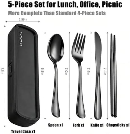Travel Utensils with Case, Stainless Steel Portable Cutlery Set for Camping Picnic, Lunch Box Silverware for Work, Reinforced Case with Snap-Lock Closure, Include Fork Spoon Knife Chopsticks, Black