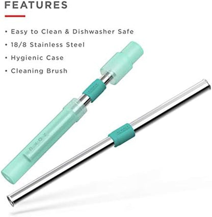 Zoku Jumbo Reusable Metal Straw with Case, Collapsible Travel Straw - Teal