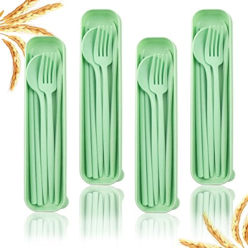 4 Sets Reusable Utensils Set with Case,Camping Cutlery Set Travel Silverware Set with Case Lunch Utensils Set for Work,Utensil Sets for Lunch Picnic Daily Use Outdoor (Lightgreen)