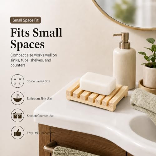 Bamboo Soap Dish for Bar Soap, Raised Wooden Holder with Drain Slots，Natural Pine Wood Soap Box