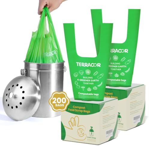 Compost Bags, 3 Gallon Compostable Food Scrap Bags Handle Tie,200 Count (Pack of 2),Certified by BPI and ASTM D6400