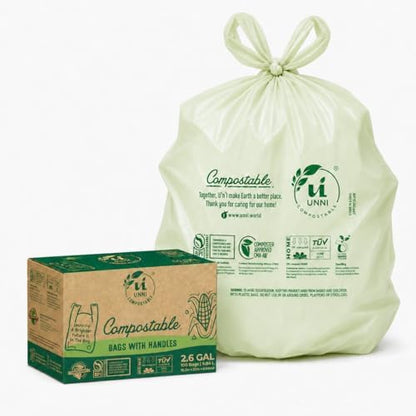 UNNI 2.6 Gallon Compostable Bags with Easy-Tie Handles, 10 Liter, 200 Count