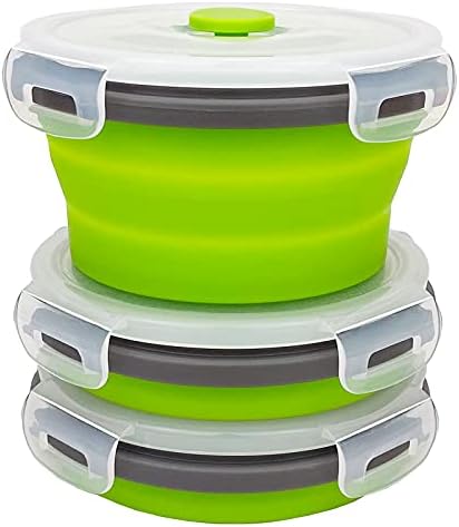CCyanzi 3piece Round Collapsible Bowl with Lids, Silicone Food Storage Containers, Microwave & Freezer Safe, Space Saving for Kitchen Cabinet and Camping Backpack,(Green Gray)