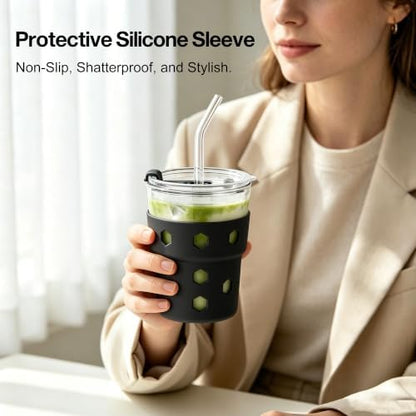 Mrsdry 12oz Iced Coffee Cup with Lids and Straws, BPA Free Reusable Glass Coffee Cups with Silicone Sleeves for Coffee, Iced tea, Thick Wall Glass Cup