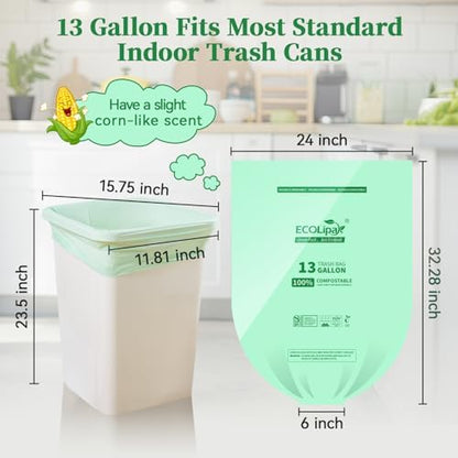 ECOLipak 13 Gallon 100 Count Compostable Kitchen Trash Garbage Bags