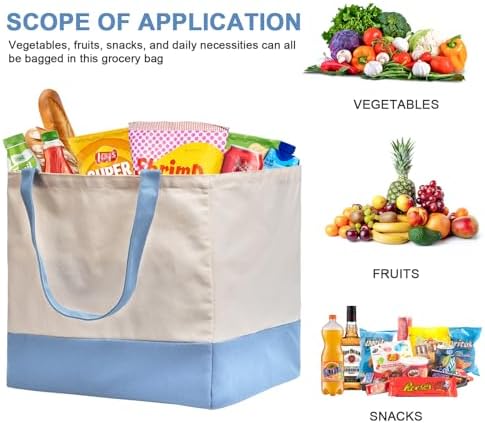 Reusable Grocery Bags Heavy Duty, 8.3 gal Foldable Large Canvas Tote Bag with Handles, Holds 60 lbs Canvas Shopping Bags, 3 Pack（Off White+Light Blue）