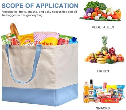 Reusable Grocery Bags Heavy Duty, 8.3 gal Foldable Large Canvas Tote Bag with Handles, Holds 60 lbs Canvas Shopping Bags, 1 Pack（Off White+Light Blue）