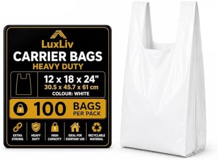 Reusable Heavy Duty White Plastic Shopping Bags with Handles, T-Shirt Grocery Carrier Bags, 12 x 18 x 24 Inch, HDPE Retail, Convenience Store & Takeout Bags, 100 Pack