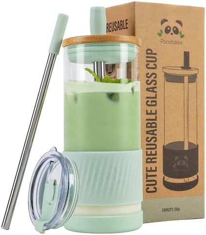 Pandaloo® Glass Cups With Lids and Straws -20 Fl Oz- Perfect Size Iced Coffee Cup - Smoothie Cup With Bamboo Lid and On the go Lid (Sweet Sage, 1 Count (Pack of 1)