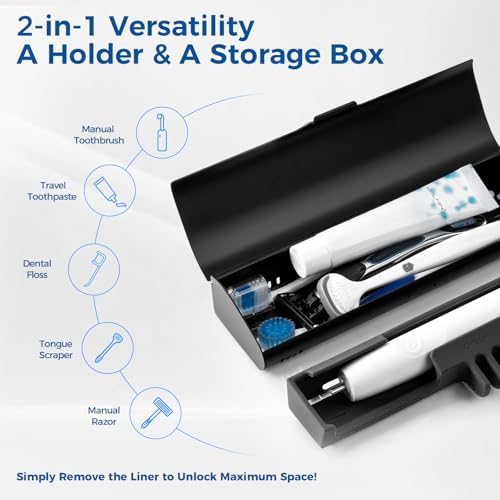 Aluminum Electric Toothbrush Travel Case, 2 in 1 Travel Toothbrush Holder for Oral B/Oral-B Pro 1000 1500 5000 and Most Electric Toothbrush for Traveling, Removable Silicone Liner-Black
