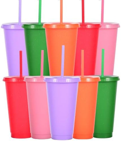 Suertestarry Tumbler with Straw and Lid,Water Bottle Iced Coffee Travel Mug Cup,Reusable Plastic Cups,Perfect for Parties,Birthdays,24oz-5 Pack (Beautiful, 10 pack)