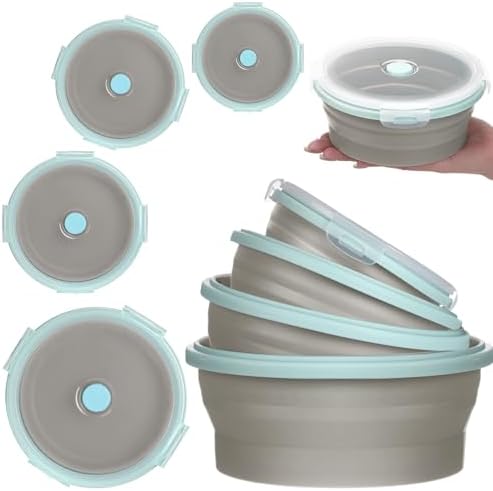 Suclain 4 Pcs Collapsible Bowls with Lids Silicone Camping Food Storage Container Expandable Folding Salad Lunch Box Travel Container for Hiking Camping