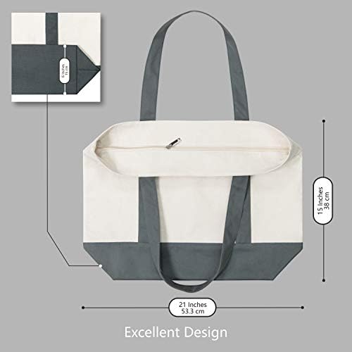 TOPDesign 3-Pack Canvas Tote Bags with an External Pocket, Reusable Grocery Shopping Bags, Top Zipper Closure, Daily Essentials (Grey/Natural)