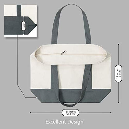 TOPDesign 3-Pack Canvas Tote Bags with an External Pocket, Reusable Grocery Shopping Bags, Top Zipper Closure, Daily Essentials (Grey/Natural)