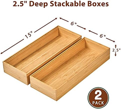 Umilife Bamboo Kitchen Drawer Organizer Boxes with Anti-Skid Silicone Feet, 2pcs Stackable Storage Bins for Kitchen Utensils & Silverware & Desk Drawer & Makeup, Tools Holder, 15”L x 6”W x 2.5”D Each