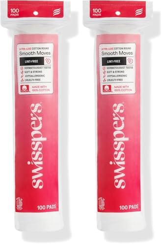 Swisspers Smooth Moves Ultra-Luxe Premium Cotton Rounds - 100 Count (Pack of 2) - Hypoallergenic Makeup Remover Pads for Sensitive Skin, USA Made, Vegan, Lint-Free, Paraben Free