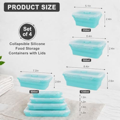 4Pcs Collapsible Food Storage Containers with Lid,Blue Square,4Size