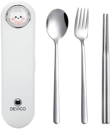 DEVICO Travel Utensils with Case Cute, Reusable Silverware for Lunch, 4Pcs Portable Cutlery Set, 18/8 Stainless Steel Fork Spoon Chopsticks in Cartoon Case, Dishwasher Safe (White)
