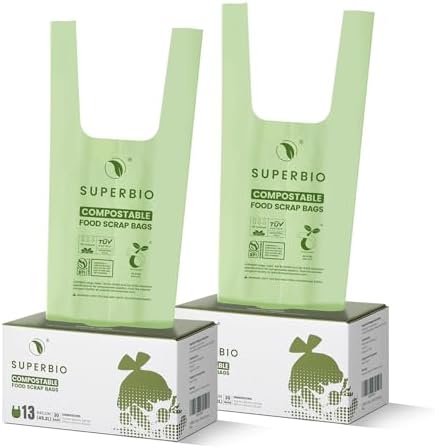 SUPERBIO 13 Gallon Handle Tie Compostable Food Waste Bags, 30 Count, 2 Pack
