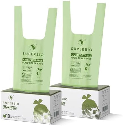 SUPERBIO 13 Gallon Handle Tie Compostable Food Waste Bags, 30 Count, 2 Pack