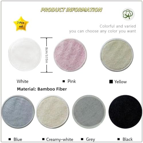 Reusable Makeup Remover Pads - 7 Pcs Soft Cotton Rounds for Face with Friendly Bamboo Fiber, Washable Makeup Remover Cloth for All Skin Types - Ideal for Facial Cleansing (7 Colour)