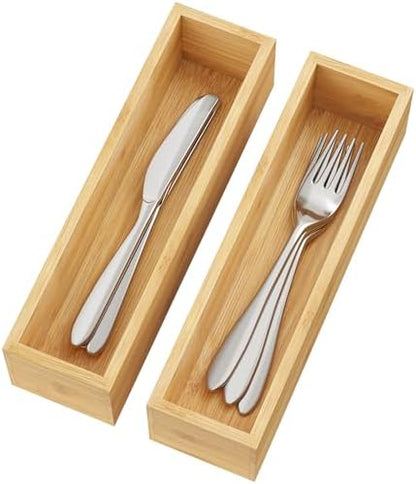 BAMEOS Kitchen Drawer Organizer,Small Silverware Drawer Organizer,Bamboo Utensil Organizer for Bathroom, Dressing Room, Office, Pantry (Natural, 11"x 3") Set of 2