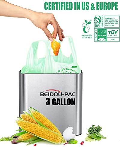 BEIDOU-PAC 100% Compostable Trash Bags, 3 Gallon Compost Bags Small Kitchen Trash Bags with Handle, 100 Count Sturdy Garbage Bags Food Scrap Waste Bags, ASTM D6400, US BPI Certified