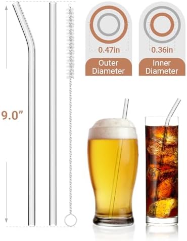 Foogwee® 20 Packs Reusable Glass Straws Set, 9'' x 12mm Clear Drinking Straws for Smoothies, Shakes, Coffee, Juice, Sodas, Milk, Tea, Cocktails, Set of 8 Straight and 8 Bent with 4 Cleaning Brushes