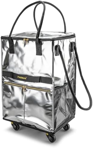 PASMAN Reusable Foldable Rolling Grocery Bag on 5 Wheels,Large, Silver