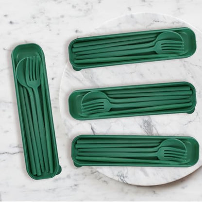 4 Sets Reusable Utensils Set with Case,Camping Cutlery Set Travel Silverware Set with Case Lunch Utensils Set for Work,Utensil Sets for Lunch Picnic Daily Use Outdoor (Darkgreen)