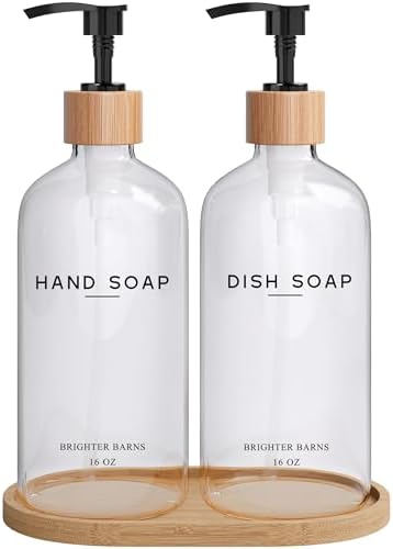 Clear Glass Hand and Dish Soap Dispenser Set by Brighter Barns - Kitchen Soap Dispenser Set with Bamboo Tray - Modern Kitchen Decor, Minimalist Decor (Clear)