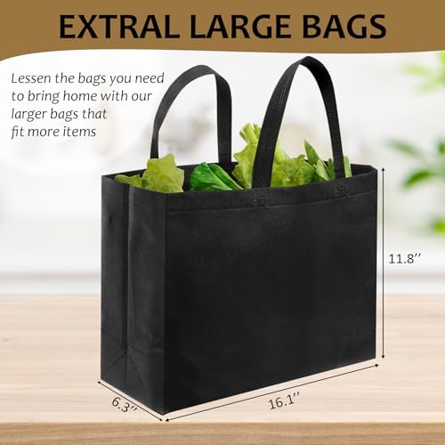 25 Pcs Reusable Tote Bag with Handles Bulk 16.1'' x 6.3'' x 11.8'' Extra Large Non Woven Grocery Shopping Bags for Shop Events Boutiques Retail Store(Black)
