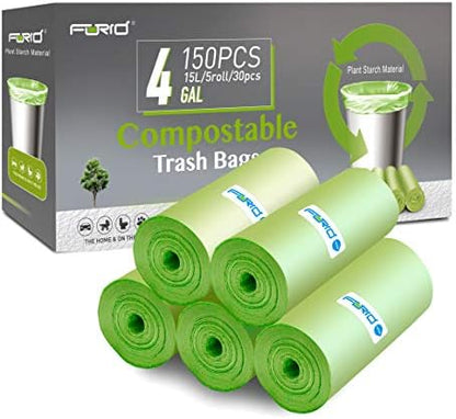 FORID 4 Gallon Garbage Bags, 150 Count, Unscented, Strong Trash Can Liners, 15 Liter Wastebasket Bags for Kitchen, Bathroom, Home Office, Green
