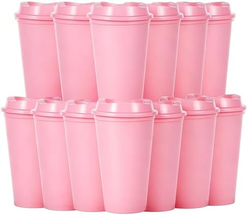 16oz Reusable Plastic Coffee Cups with Lids, 13 Pack, Pink