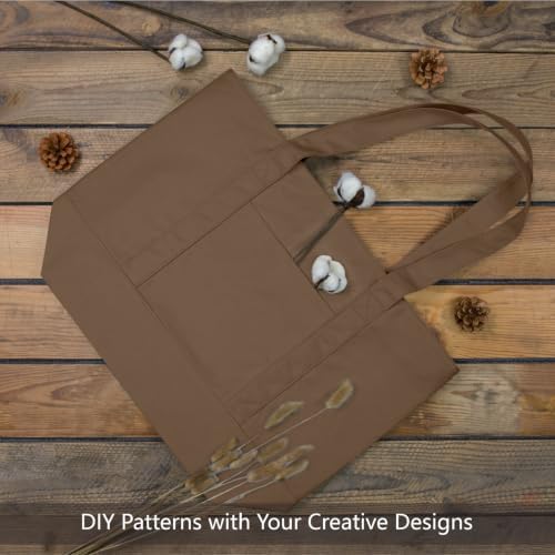 TOPDesign 6-Pack Canvas Tote Bags with an External Pocket, Reusable Grocery Shopping Bags, Top Zipper Closure, Daily Essentials (Brown)