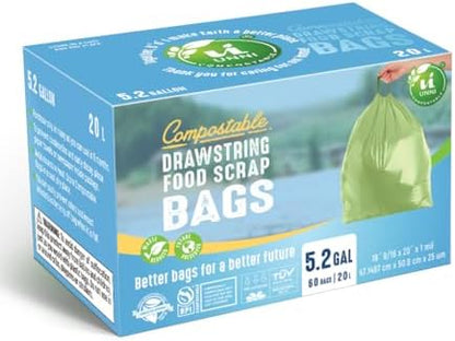 UNNI Compostable Drawstring Bags, 5.2 Gallon, 60 Count, Extra Thick 1 Mil