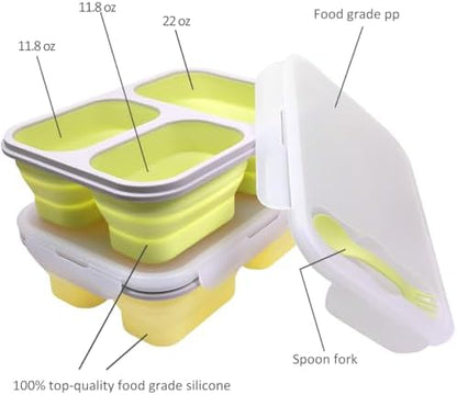 2 Pack Big Collapsible Silicone Bento Lunch Boxes With Lids spoons forks,3 Compartments, Divided Lunch Food Storage Containers, Safe in Microwave, Dishwasher and Freezer, 45.6oz (Yellow+Green)