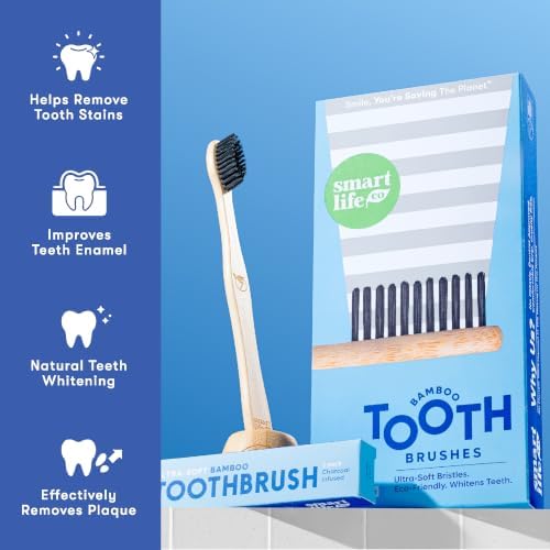 SmartLifeco Charcoal Bamboo Toothbrushes - Extra Soft Natural Bristles for Adults & Kids Teeth | Zero Waste Bulk Wooden Tooth Brush Travel Kit | BPA Free, Eco-Friendly, Vegan - (12 Pack)