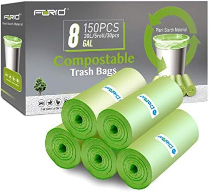 Compostable Trash Bags - FORID 8 Gallon Garbage Bags 150 Count Trash Can Liners 30 Liter Unscented Medium Wastebasket Bags for Kitchen Bathroom Home Office Garbage Can (5Rolls/Green) - Durable & Thick