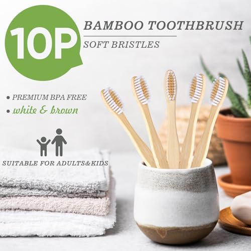 10 PCS Bamboo Toothbrushes Pack, Natural & Eco-Friendly Wooden Toothbrush