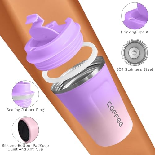 SPLMIFA Travel coffee mugs leak-proof,coffee cups with lids, stainless steel vacuum insulated coffee tumblers, thermal insulation cups for men & women keep drinks hot & cold(2nd-Purple Pink, 17OZ)