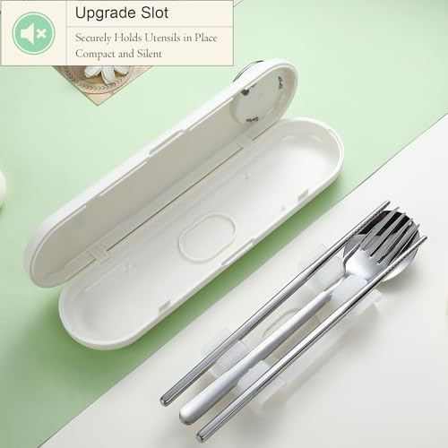 DEVICO Travel Utensils with Case Cute, Reusable Silverware for Lunch, 4Pcs Portable Cutlery Set, 18/8 Stainless Steel Fork Spoon Chopsticks in Cartoon Case, Dishwasher Safe (White)