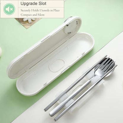 DEVICO Travel Utensils with Case Cute, Reusable Silverware for Lunch, 4Pcs Portable Cutlery Set, 18/8 Stainless Steel Fork Spoon Chopsticks in Cartoon Case, Dishwasher Safe (White)