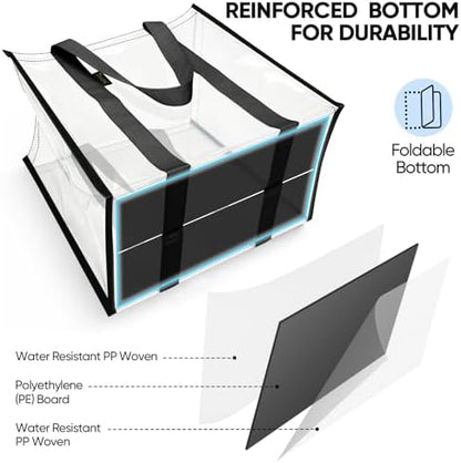 BALEINE 4 PK Grocery Bags Reusable Shopping Bags with Reinforced Bottom, Heavy Duty Foldable Tote Bags (Transparent)