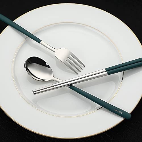 DEVICO Travel Utensils with Case, 4Pcs Portable Silverware Set for Work, 18/8 Stainless Steel Reusable Cutlery, Korean Spoon and Chopsticks Fork for Camping, School, Lunch Box Accessories (Dark Green)