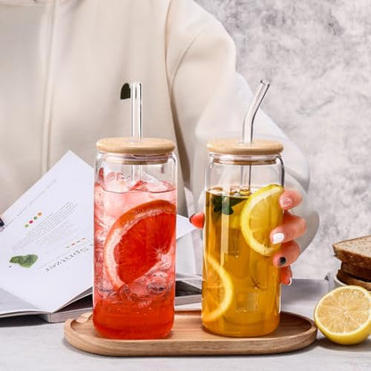 DWTS DANWEITESI Glass Cups “20oz”,Glass Cups with Lids and Straws 4 pcs-Coffee Cups,Drinking Glasses Set,Glass Tumbler with Straw and Lid Gift 2 Cleaning Brushes 600ml