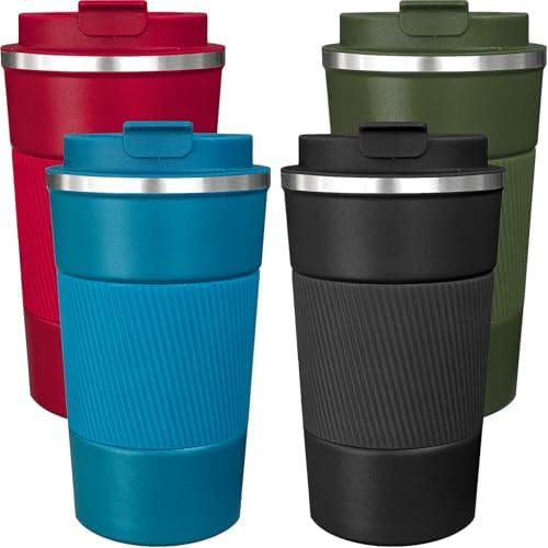 4 Pack Insulated Coffee Mug with Lid 17oz Travel Coffee Tumbler Stainless Steel Reusable Coffee Cups Thermal Coffee Mug for Hot and Iced Cold Drinks, Multicolor