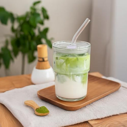 13oz Iced Coffee Cup, Reusable Glass Tumbler with Straw and Lid, Thick Wall Glass Cups with Lids and Straws for Matcha, Smoothies, Drinking Glassware Water Cups (clear-4pack)